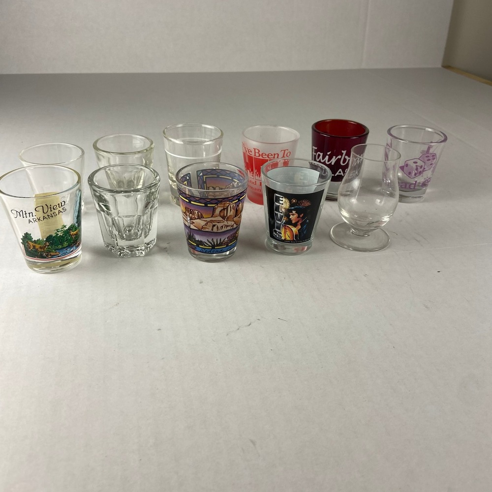 Lot of 10 Souvenir Shot Glasses Arkansas Elvis Alaska Dice